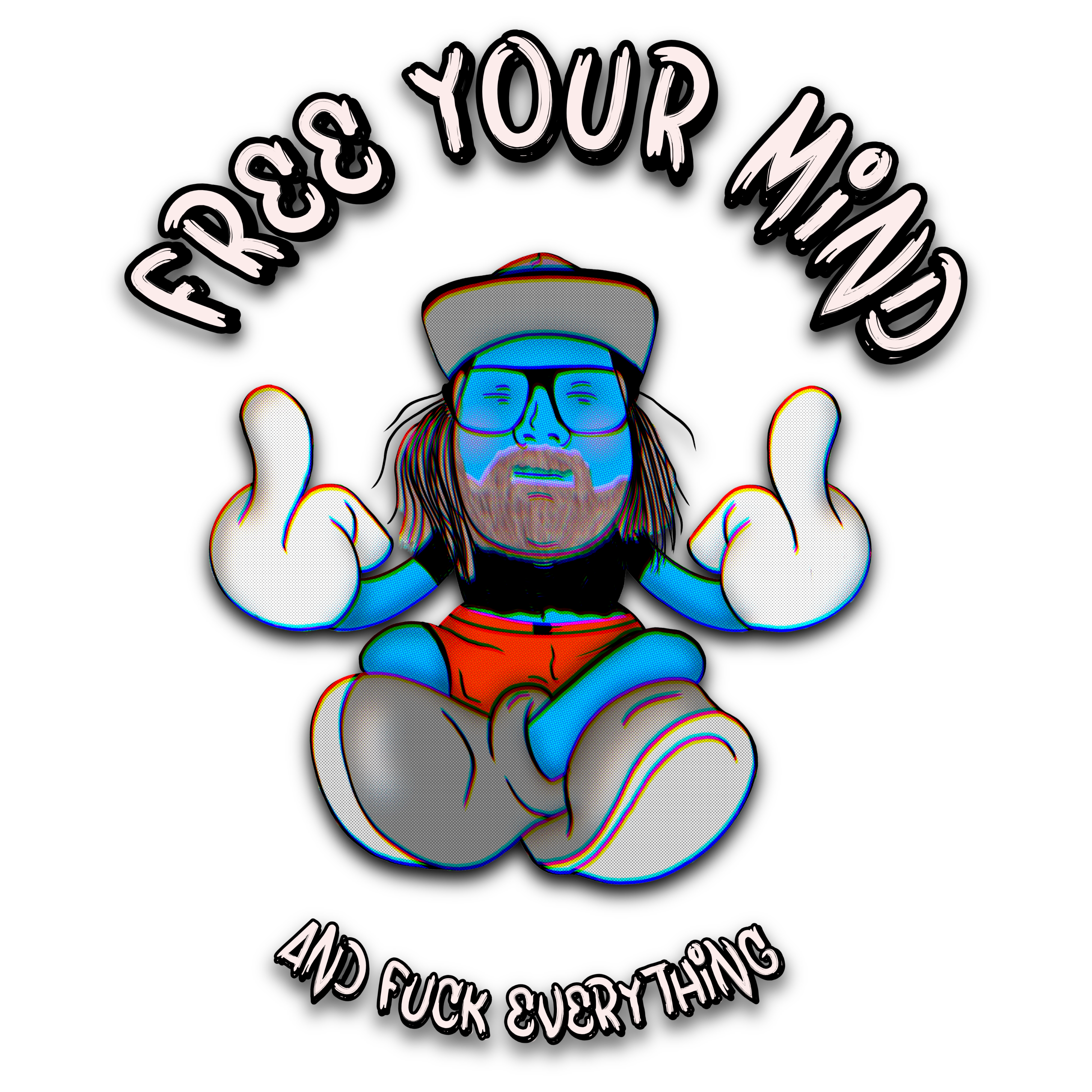 Cartoon character with blue face, glasses, and cap making peace signs with 'Free Your Mind' text